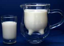 Kravské mlieko v nádobe na to určenej a ovčie mlieko v pohári