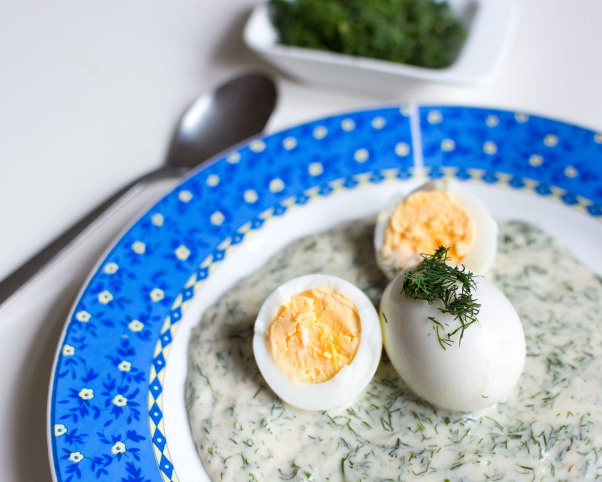 Omáčka z kôpru na tanieri s modro-bielym okrajom, na vrchu uvarené vajíčka posypané kôprom