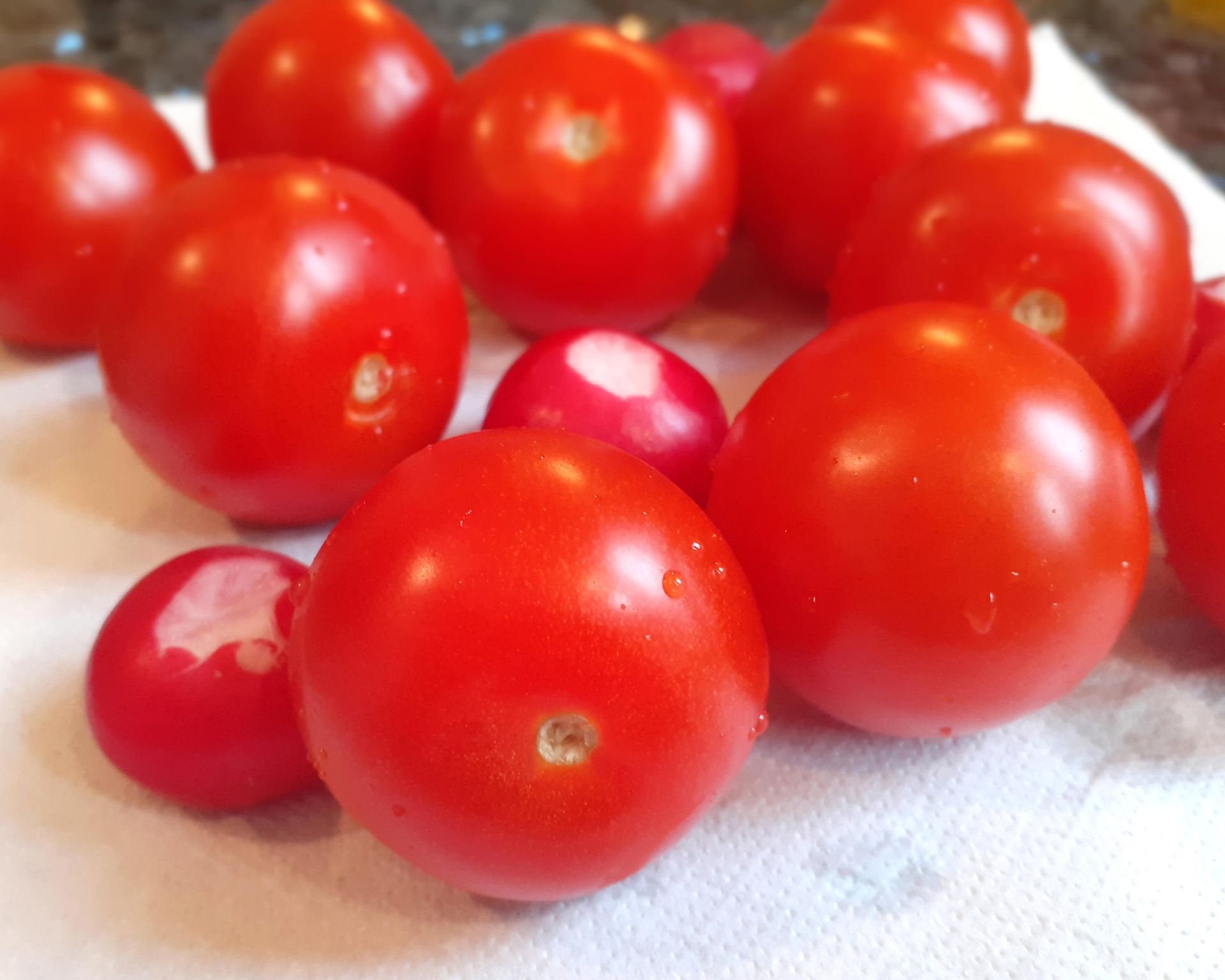 Čerstvo umyté paradajky na kuchynskej doske. Ešte sú mokré, sušia sa na papierovej utierke.