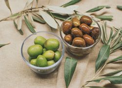 Olivy v sklenených miskách, olivové ratolesti